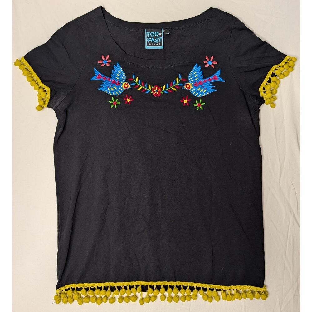 Too Fast Embroidered Bird Pom Pom Trim Cotton Blend T Shirt Sz M Boho Festival